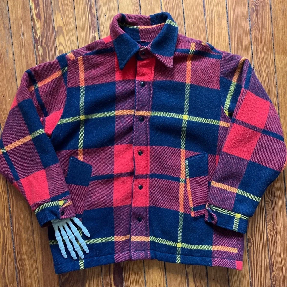 💀 SOLD 💀 Vintage 60s Maine Guide Wool Sherpa Lined Plaid Flannel Jacket ~ L - Picture 4 of 8